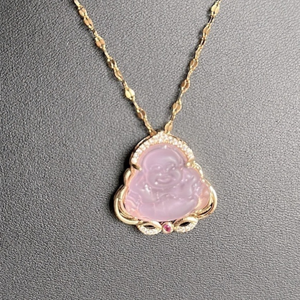 Beautiful Vintage Buddha Pendant Necklace | Pink Jade / Gold Inspired Necklace!